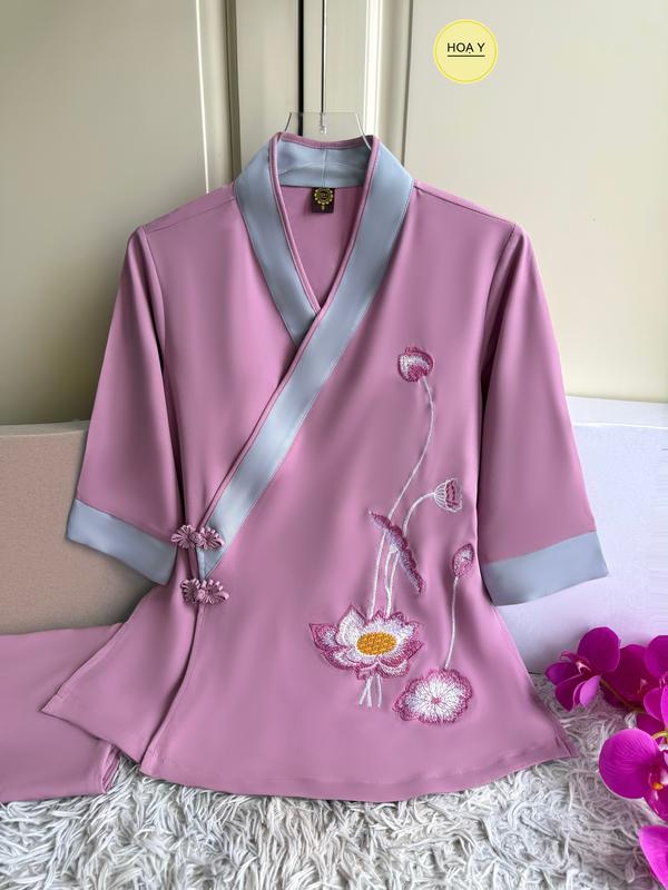 DL25 màu tím hồng Họa Y Pháp Phục bộ Đồ Lam Đi chùa - Top Quần Áo Thời Trang Cho Phật Tử Nữ - Chất lụa tuyết - Size S M L XL XXL- Trang Phục Truyền Thống Thường Mặc Women thanh Lịch pháp phục áo hoa sen Voi trung niên