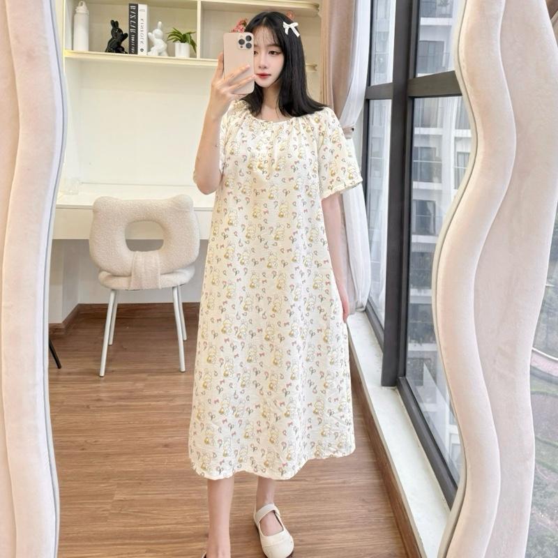  Váy Ngủ hoạ tiết Thỏ Trắng Vải Đũi Mềm Dáng Dài 100cm Suông Rộng Mặc Ở Nhà Hoặc Đi Chơi Bầu Mặc Được – Đồ Ngủ Nana 