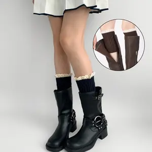 ONEFASHIONMALL KK021 Leg Warmer Pendek Kaos Kaki Rajut Penghangat Betis Tanpa Ujung Jari Boots Socks Aksen Renda