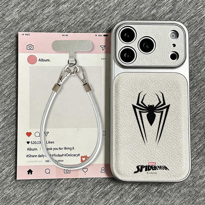 Vỏ ốp iPhone vân da mạ điện biến hình biểu tượng nhện tối giản, vỏ ốp điện thoại iPhone thời thượng có dây đeo tay xinh xắn. Chống rơi vỡ, ôm khít dành cho iPhone 11/12/13/14/15/16/17 Pro/Pro Max/Plus/Air.