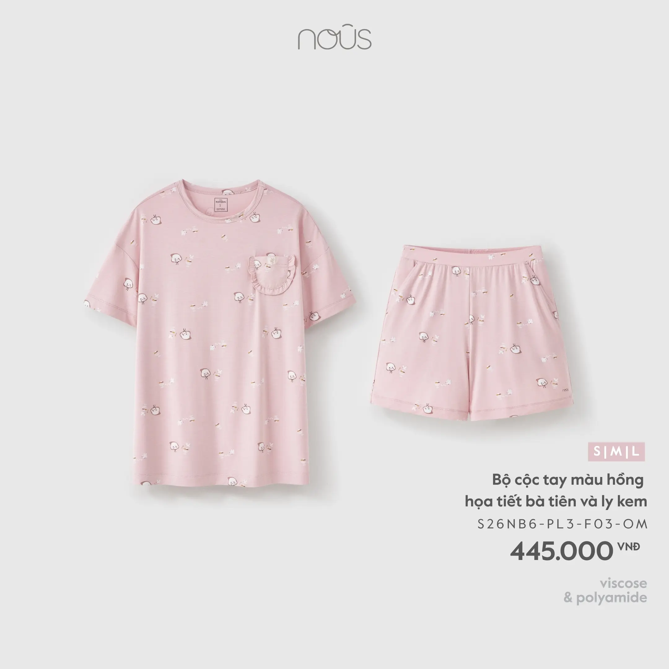 Bộ cộc tay màu hồng họa tiết bà tiên và ly kem Nous