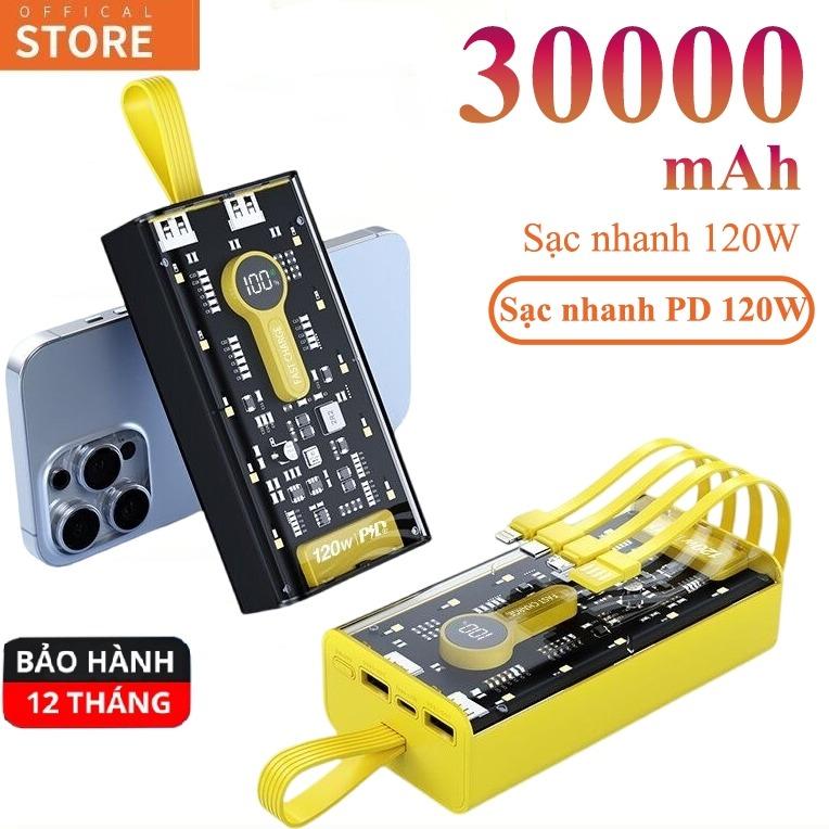  Sạc dự phòng trong suốt dung lượng 20000-30000mah với 2 cổng sạc nhanh 22.5W và PD 20W,pin dự phòng nhiều đầu sạc màn hình led hiện dòng sạc và phần trăm pin Sạc Pin 