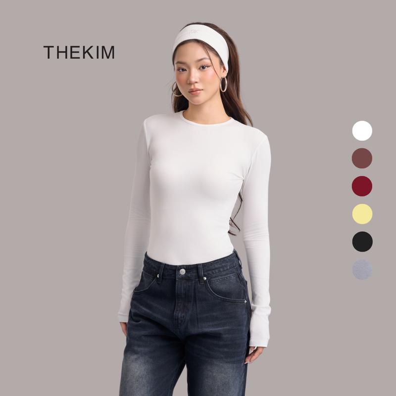 THEKIM Áo thun tăm cotton dài tay cổ tròn nhiều màu , áo giữ nhiệt dài tay trơn basic cho nữ đen trắng AD119 dáng thường