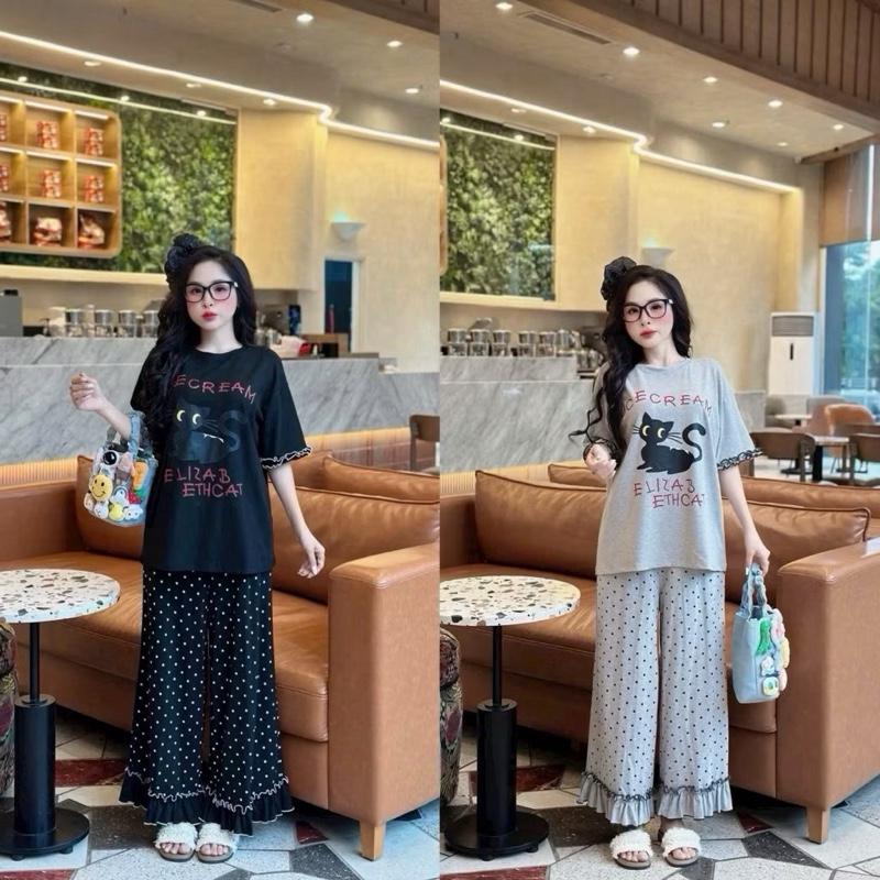 SÉT BỘ ÁO FORM RỘNG IN MÈO ĐEN CHỮ ĐỎ MIX QUẦN SUÔNG HOẠ TIẾT CHẤM BI CHÂN BÈO XINH XẮN 2 MÀU BIGSIZE set đồ nữ đẹp