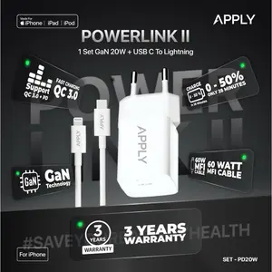 [GARANSI 3 TAHUN] Apply - MFI POWERLINK II - 1 Set Charger iPhone PD20W + MFI Cable Lightning 60W For iPhone 8 XR 11 12 13 14 MFI Certified