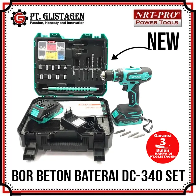 NRT PRO DC-340 Set Mesin Bor Baterai Cordless Drill Bor Tangan Impact Nrt Pro DC 340 Set 0