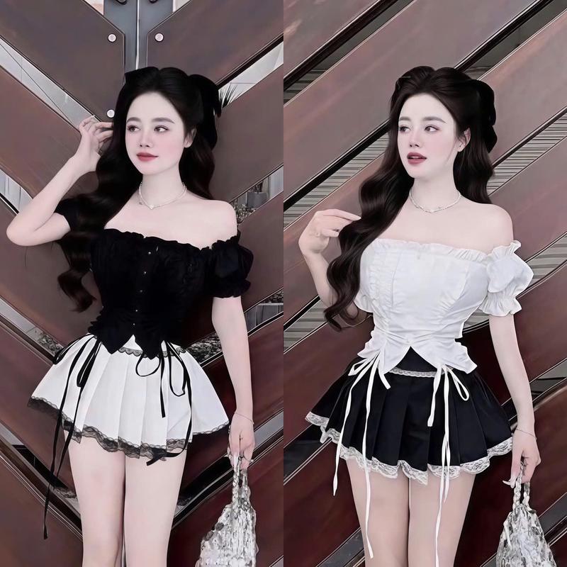 Set đồ nữ áo trễ vai tay phồng nhúng bèo rút dây có mút phối chân váy viền ren xinh xắn dễ thương phù hợp cho các nàng đi tiệc đi chơi
