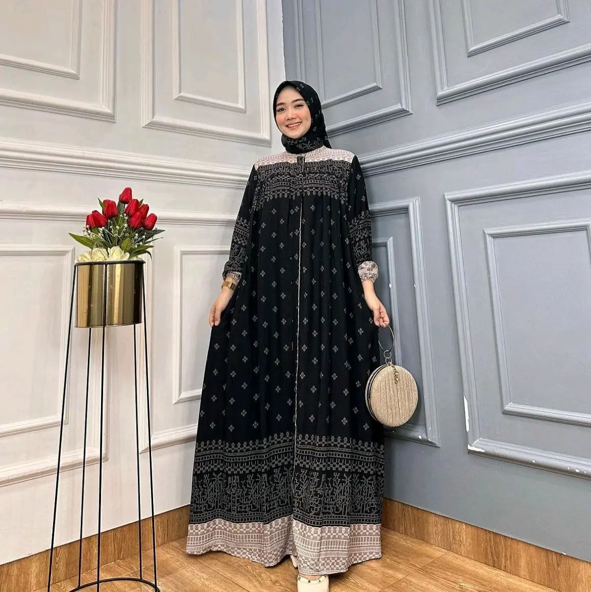 Gamis Set Hijab Sabhira Bahan Rayon Premium Diamond Kancing Muslim Dress Motif
