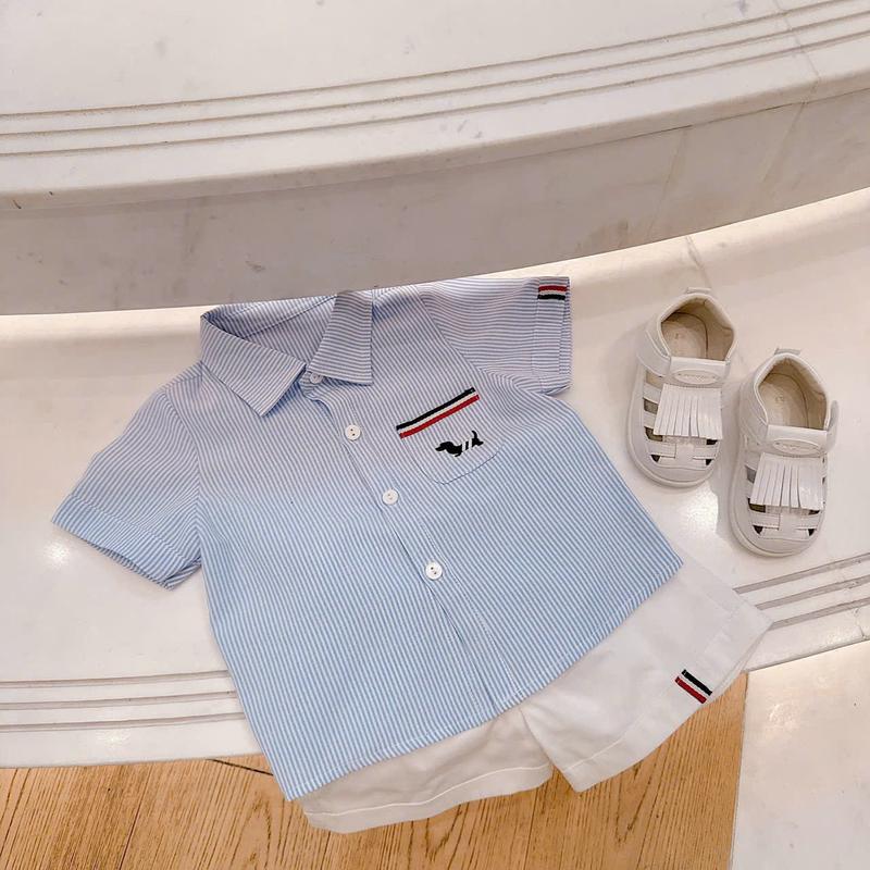 Bộ Cộc Áo Sơ Mi kẻ Xanh Phối Quần Kaki thô cho bé trai từ 8-16kg [ Shop Linh kids 88 ]