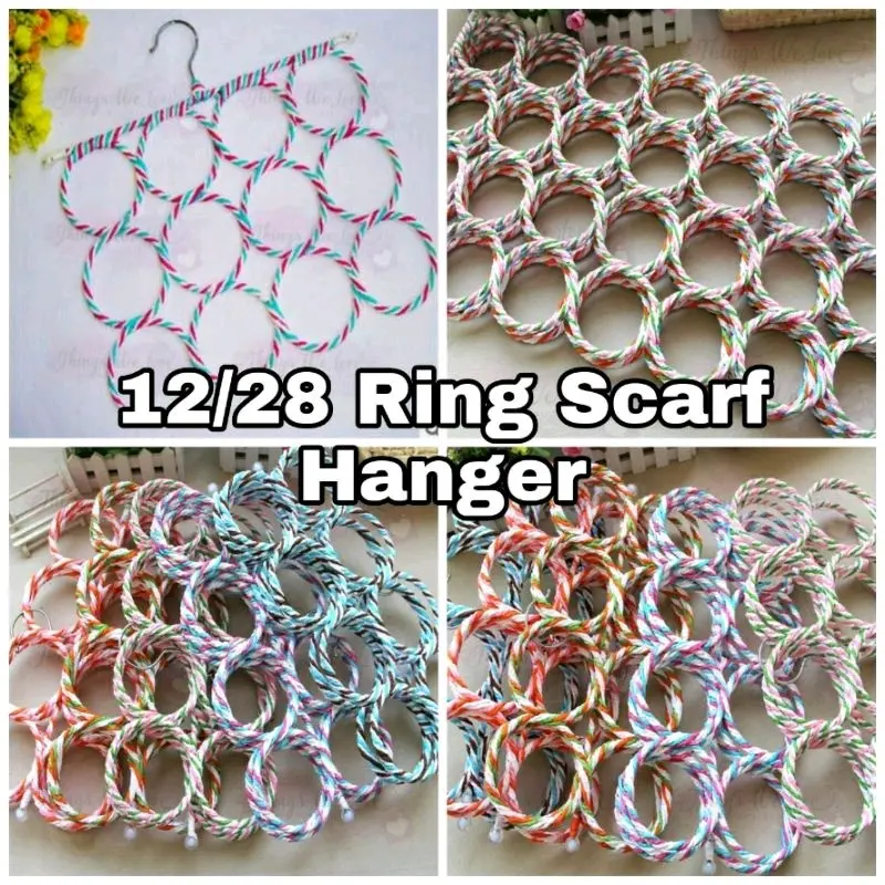 [SG] 12 28 Rings Scarf Organiser Tie Holder Belt Hanger Shawl Hijab Tudung Hook Foldable Wardrobe Cupboard Organizer Twilly