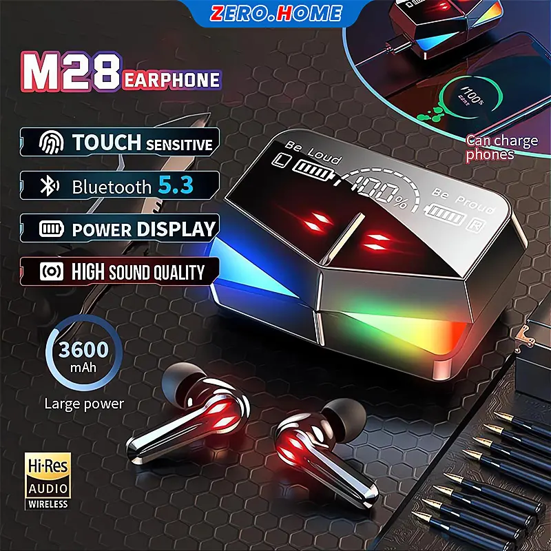 Matei Headset Bluetooth Gaming TWS M28 earphone Dual Mode Bass Headphone BT V5.1 LED Smart Display Wireless Hitam Ponsel