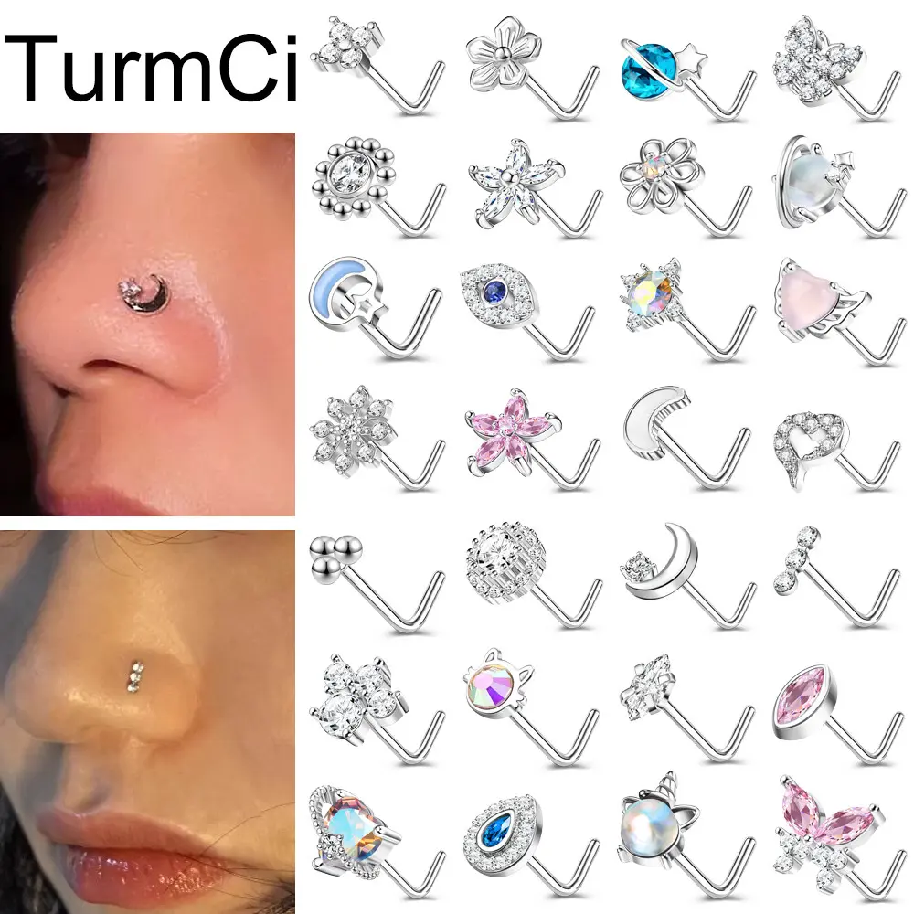 TurmCi 1 Buah Stainless Steel Tindik Hidung 20G Anting Hidung Kupu-kupu/Bulan/Kristal Nose Studs 7mm Nostril Studs Piercing