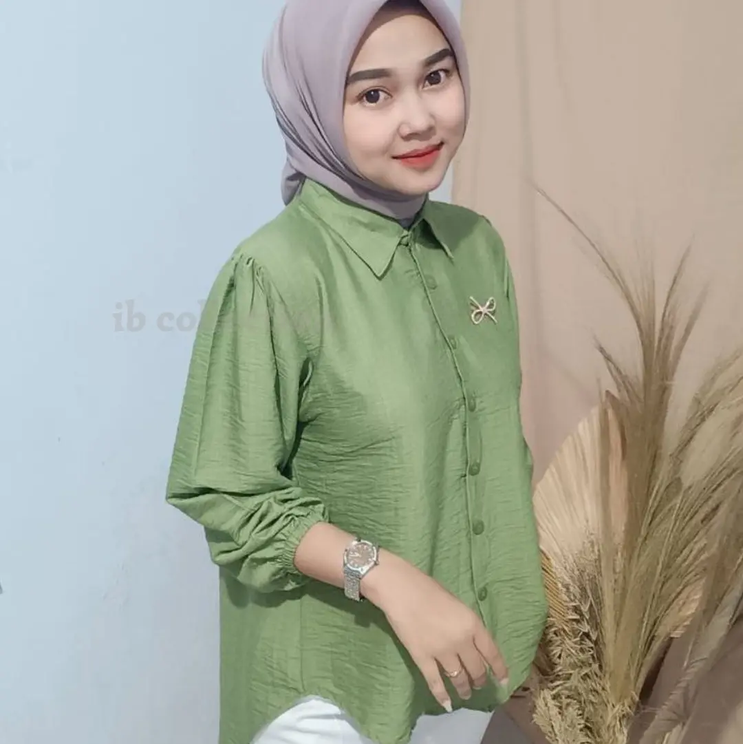 Kemeja Wanita Kancing Laura Blouse Atasan Polo Linen Baju Simple Nyaman Panjang Katun pololinen
