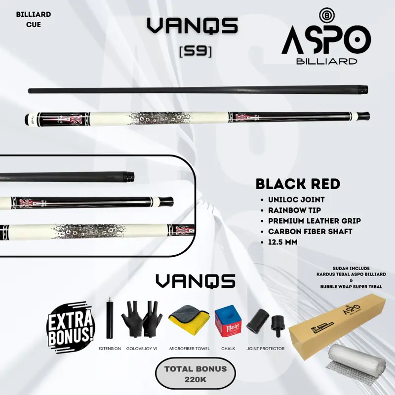 Stik Biliard Carbon VanQS S7  S9 Tip Rainbow 12.5mm Joint Uniloc Grip Kulit Premium Shaft Serat Karbon Defleksi Rendah Panjang 58 Inch Bonus Chalk Handuk Microfiber Sarung Tangan Golovejoy V1 Joint Protector Free Extension Ball 7