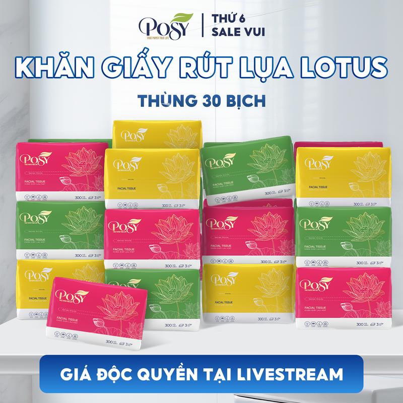 LIVE POSY -Thùng 30 gói Khăn rút Sen Việt 300 tờ 3 lớp Posy mềm mịn dịu nhẹ nhỏ gọn tiết kiệm giấy ăn rút đa năng
