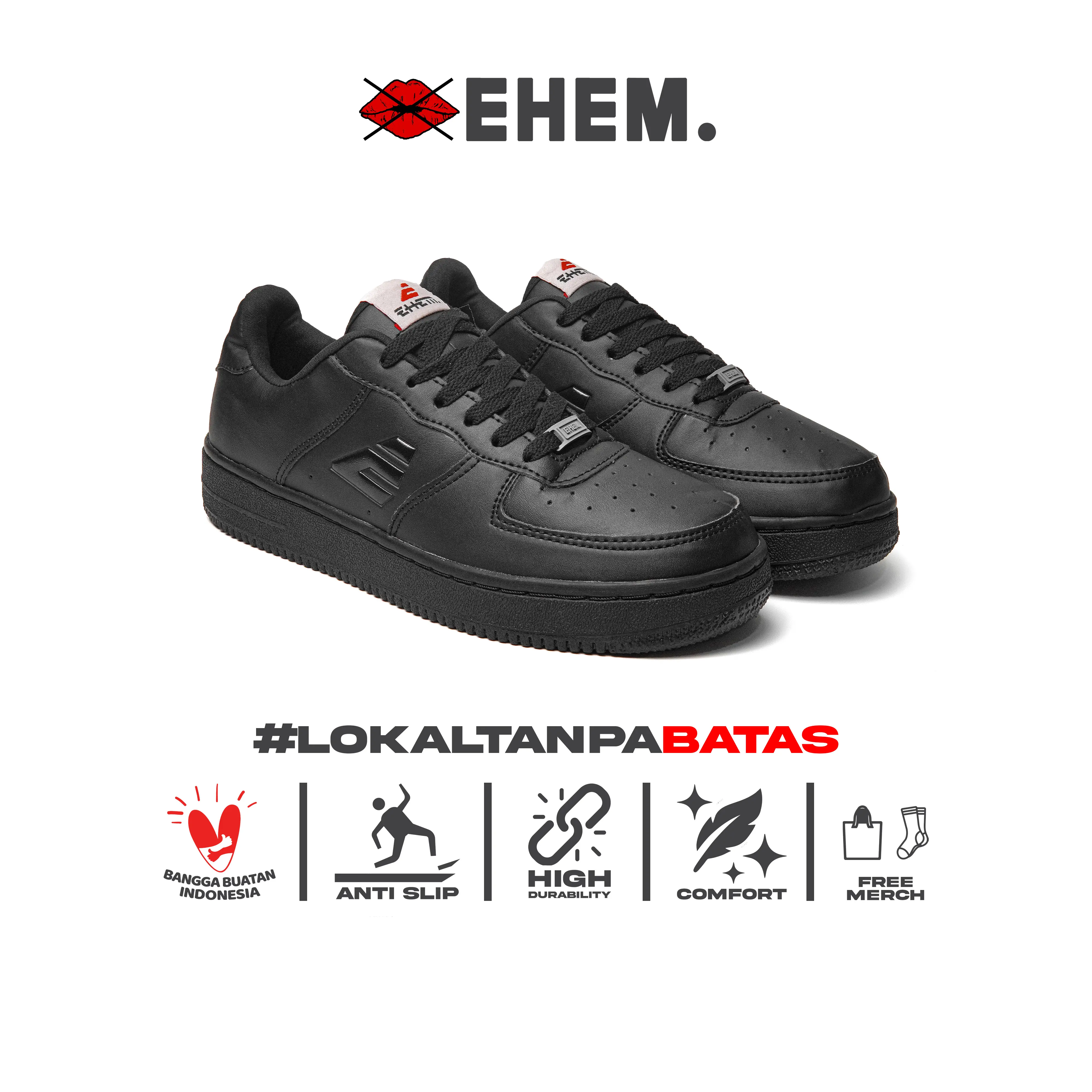 Ehem Company - Sepatu Sneakers Unisex Pria Wanita Eforce Full Black Casual Shoes Snekers Hitam