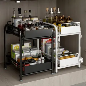 Rak sink bawah dapur tarik, rak penyimpanan berlapis, rak piring rempah-rempah, hemat ruang