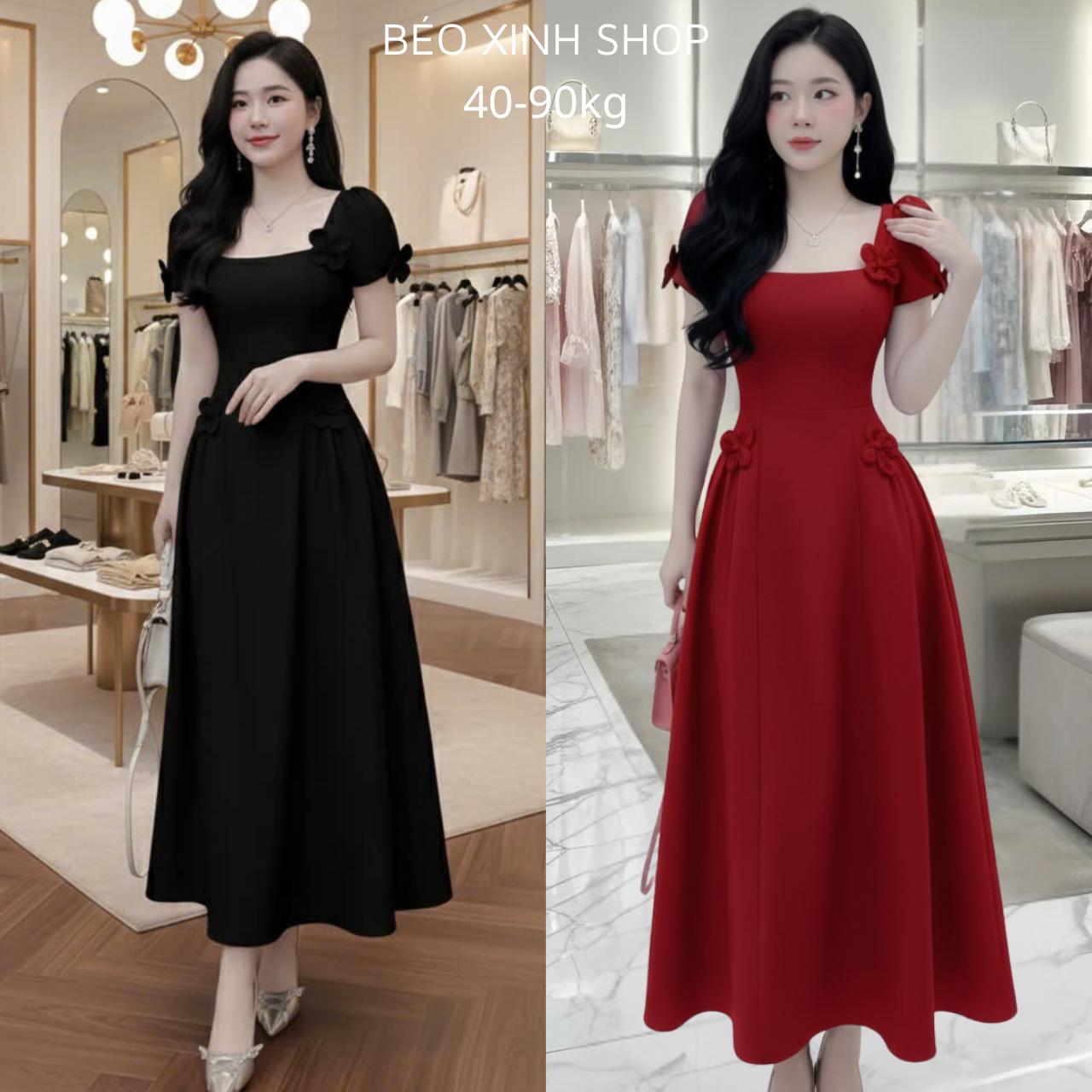 Váy Dự Tiệc Nữ Tiểu Thư Dáng Dài Cổ Vuông Phối Hoa Vải Cotton Lạnh Cao Cấp Thanh Lịch Cho Các Nàng Bigsize 40–90kg Thời Trang Nữ Béo Xinh Shop - A.1720