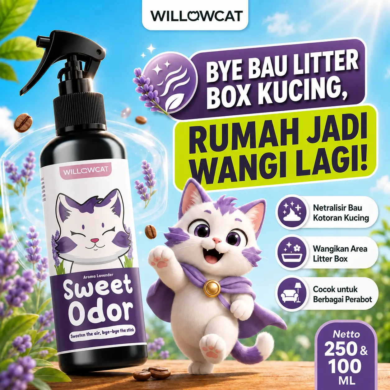 Willowcat - Sweet Odor Cairan Anti Bau Litter Box, Odor Remover Wangi Tahan Lama, Atasi Bau Kotoran Kucing 100ML/250ML