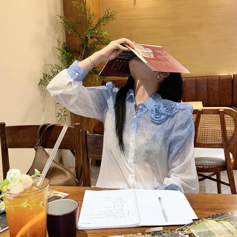 A07- Áo Sơ Mi Nữ Hottrend 2025 Loang Màu Phối Hoa Hồng Vải Voan Siêu Mát Chất Voan Mỏng Nhẹ Tay Dài Bồng Nơ Hoa Lớn 3D Đính Ngực