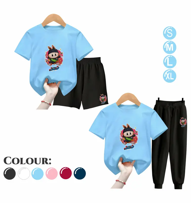 Baju Setelan Anak UNISEX - Pakaian Kaos dan Celana Fashion Anak Laki Laki dan Perempuan Usia 5-15 Tahun - Motif SKATEBOARD LABUBU Maroon 3