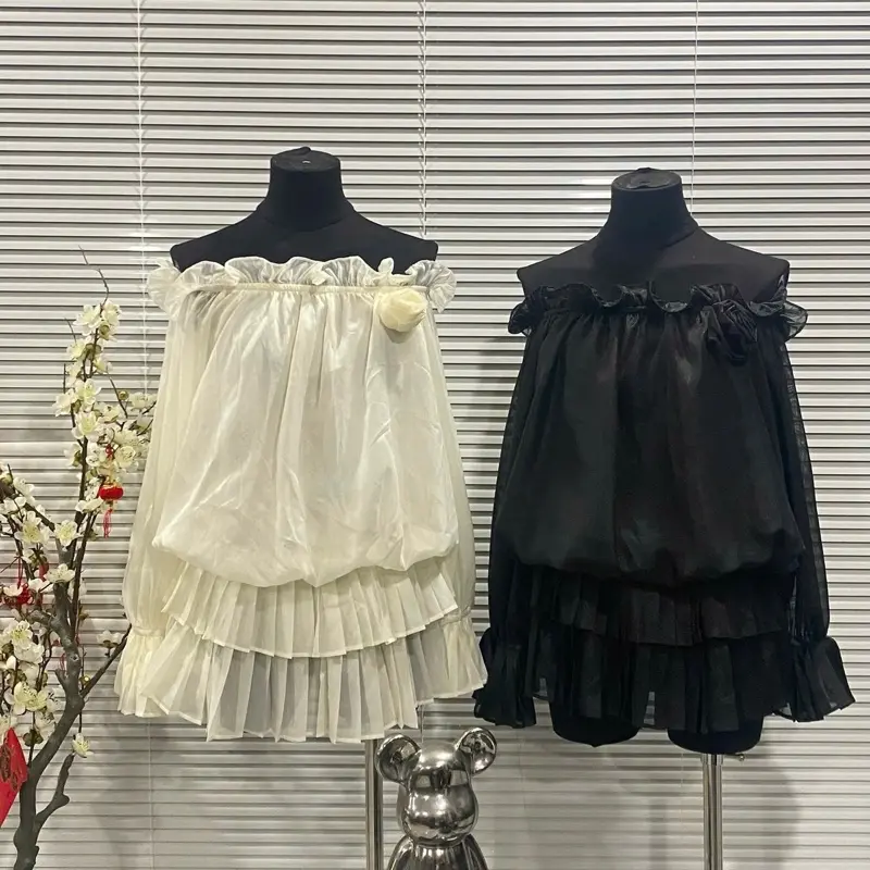 Váy voan tơ trễ vai tay phồng đính bông ( kèm quần bảo hộ ) đỏ/đen/kem - freesize < 55kg Women Nữ Dress 5