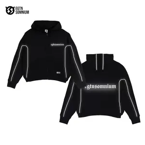 EGTNSOMNIUM Hoodie Zipper Boxy Reflective POWER Hitam Bahan Katun Fleece Gramasi 280 Desain Boxy Reflektif untuk Pria dan Wanita