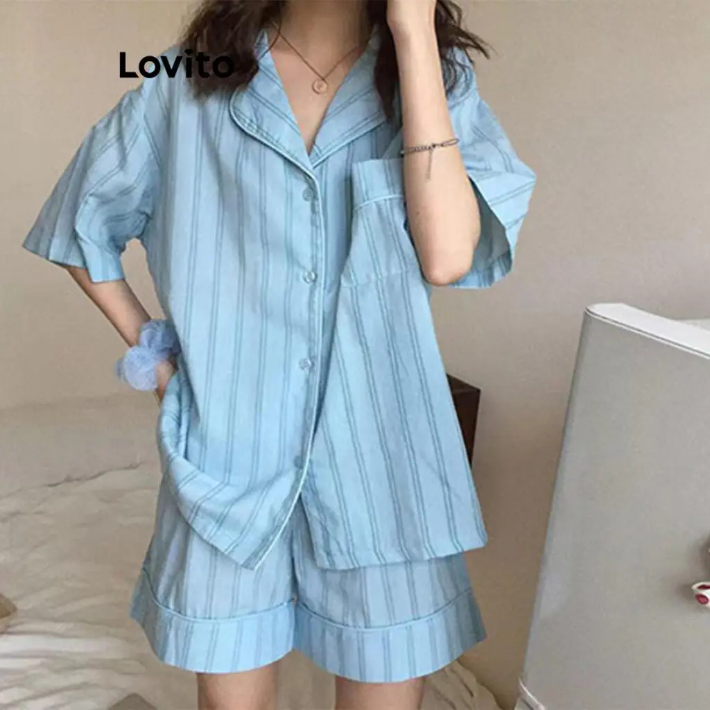 Lovito Casual Striped Pattern Pama Sets for Women LNE45081