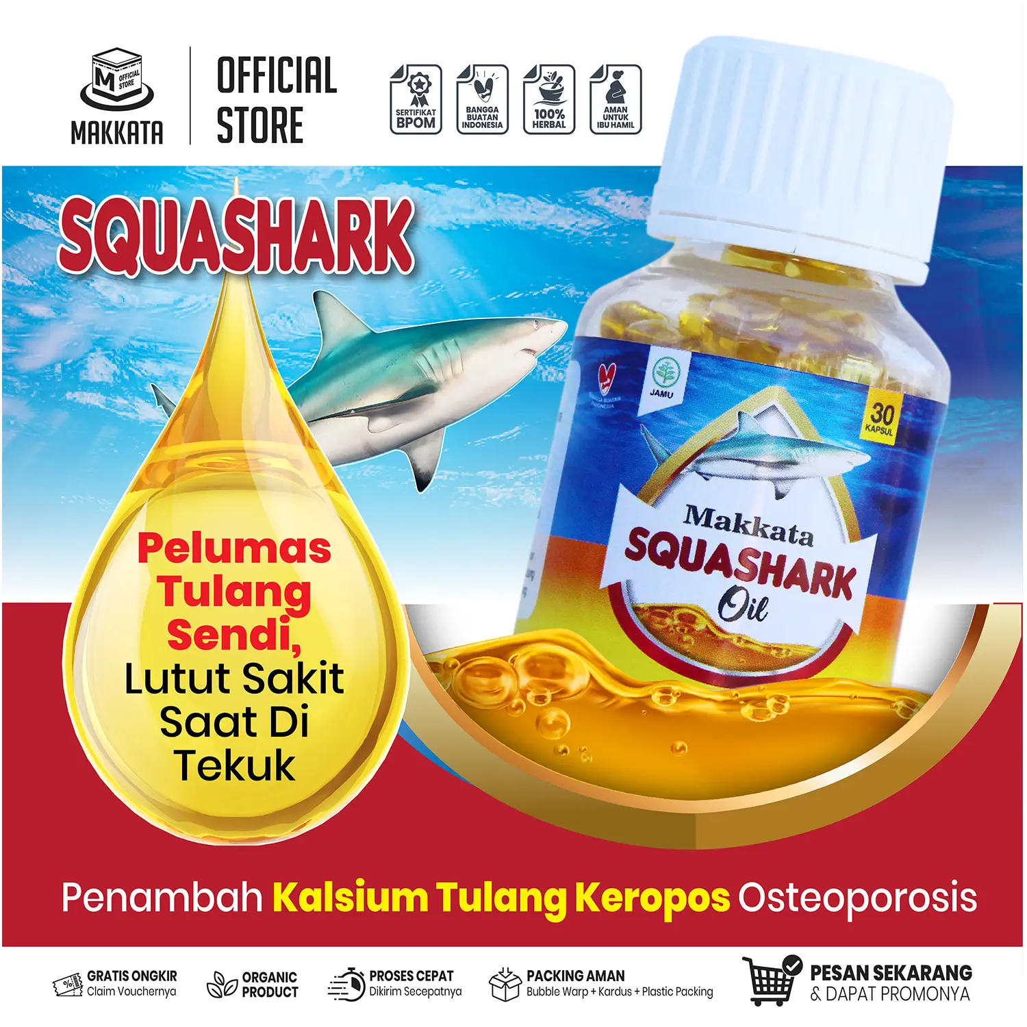 MAKKATA SQUASHARK Pelumas Tulang Sendi Lutut, Sakit Saat Di Tekuk, Penambah Kalsium Tulang Keropos Osteoporosis Osteoarthritis Radang