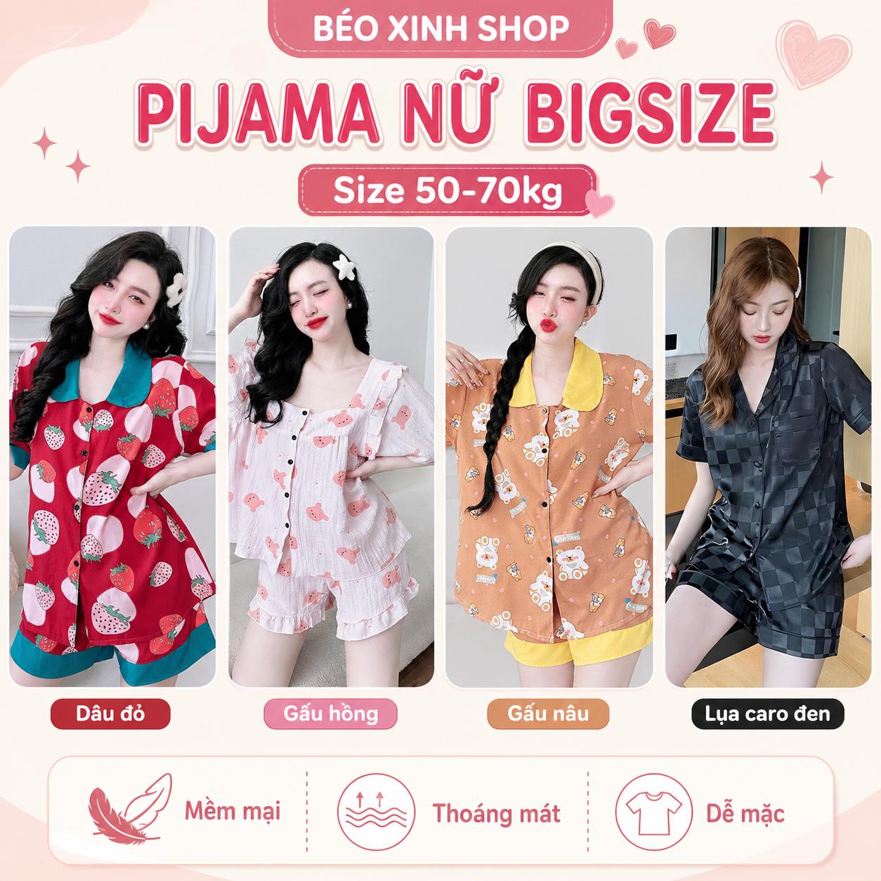 Set Đùi Pijama Nữ Bigsize 50-70kg Vải Lụa Nhật Lạnh, Đồ Bộ Mặc Nhà Quần Đùi Mềm Mát Dễ Thương Béo Xinh Shop – A.TH2S