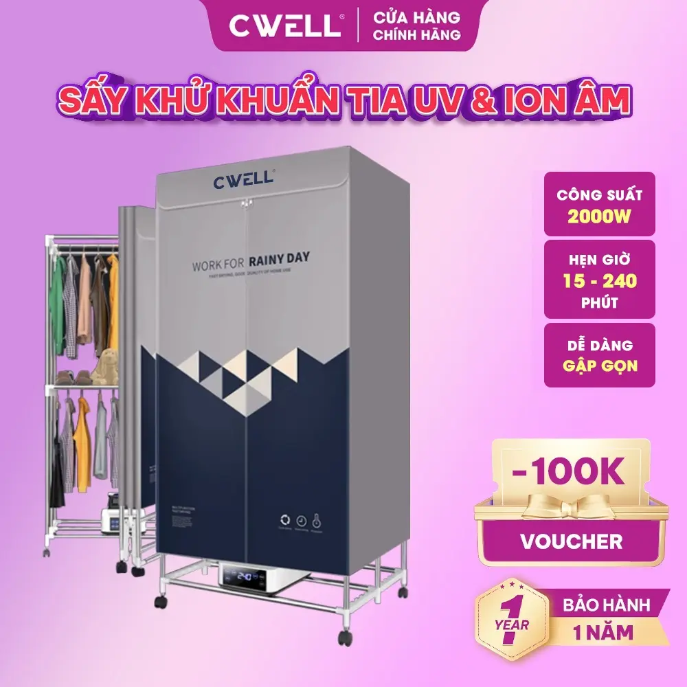 Tủ sấy quần áo gấp gọn CWELL D23 công nghệ sấy gốm PTC, khử khuẩn tia UV diệt khuẩn và ION 1500-2000W, Sấy khô 10-15kg quần áo mùa đông, nhiều chế độ sấy, cảm ứng hiện đại, tiết kiệm diện tích cao 1m7