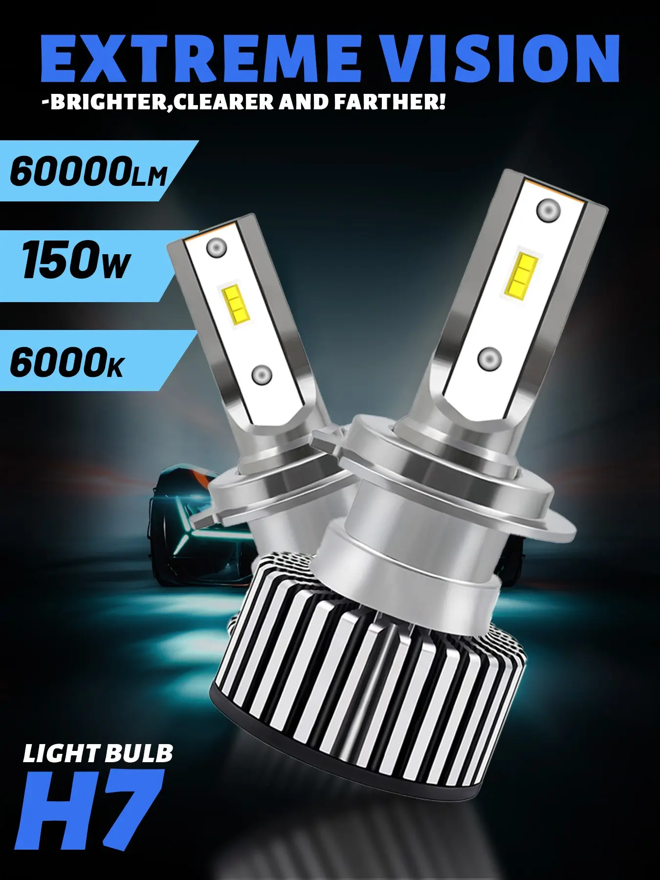 2個セット H7 LEDヘッドライトバルブ 150W 60000LM スーパーブライト