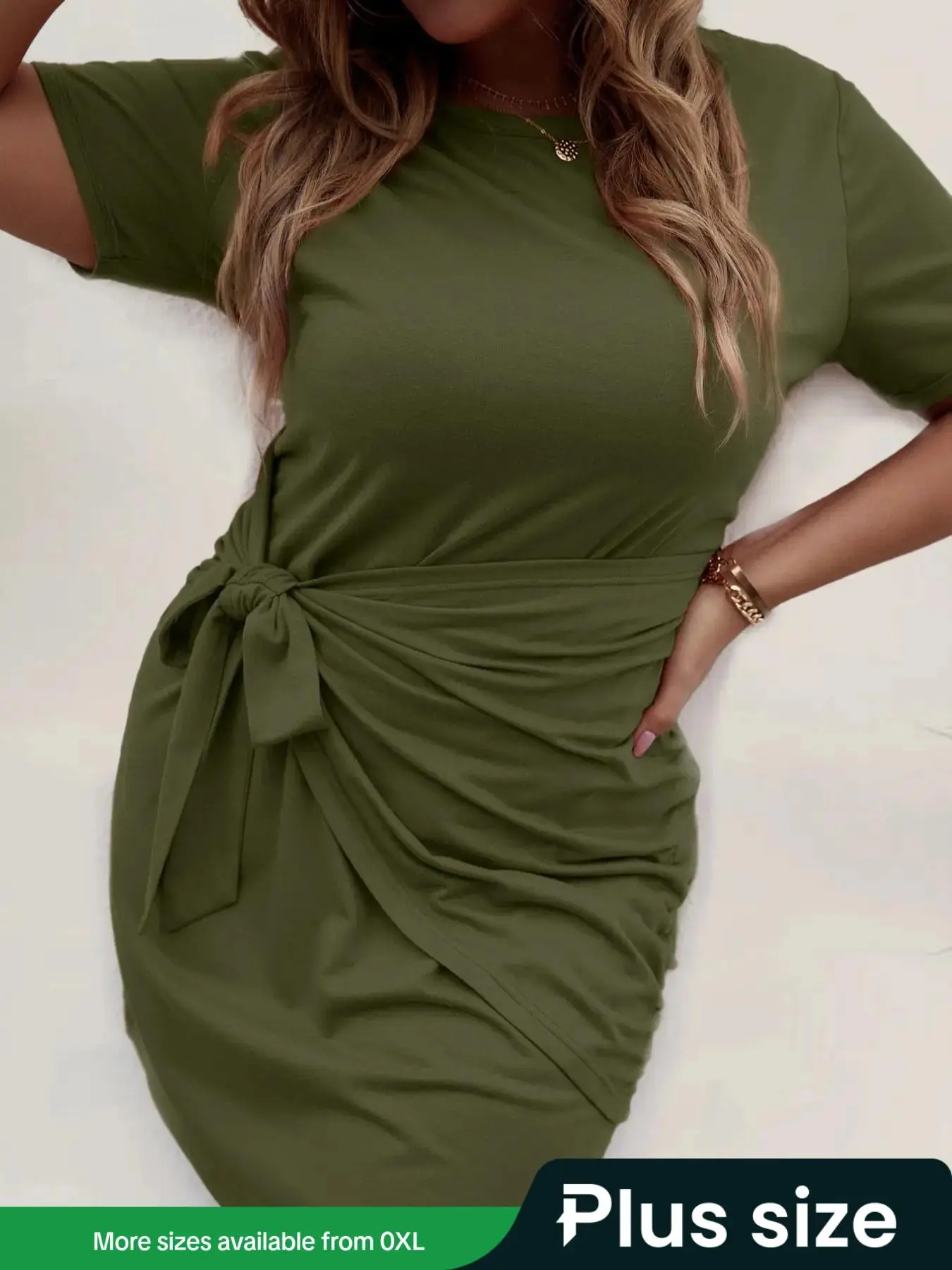 【Plus Size】 Solid Tie Front Dress, Casual Short Sleeve Dress for Summer, Women's Plus Clothing for Daily Wear