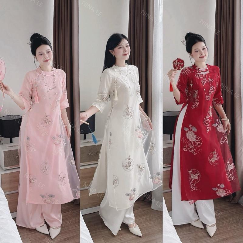  A127A Áo Dài Cách Tân Sen Ngư Áo Dài Tơ Thêu May 4 Tà Phối Dây Tua Rua mặc lễ Tết 2026 lễ Chùa ăn cưới - Akara Closet 