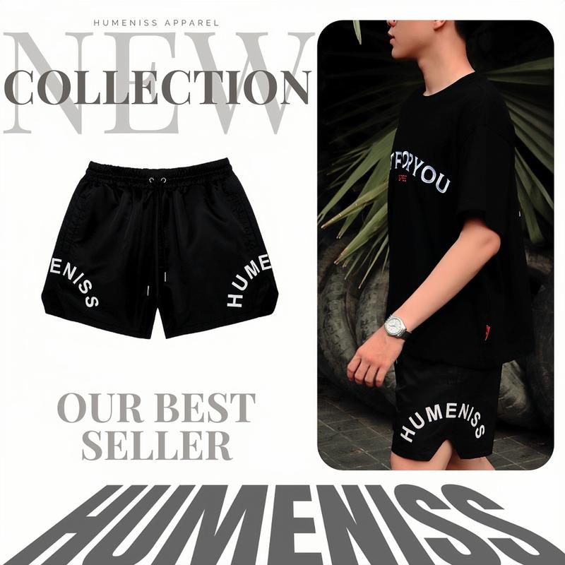 [HUMENISS] - Quần short nam from trên gốI, VẢI DÙ 2 lớp,Logo in 2 bên có túi, ĐEN,XÁM Menswear