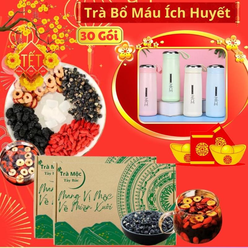 Hộp 30 gói TẶNG BÌNH CÁCH NHIỆT trà bổ máu dưỡng huyết mát gan thải độc - nguyên liệu hữu cơ táo đỏ kỉ tử hắc kỉ tử dầu tằm đường phèn thảo mộc Tây Bắc tea chè