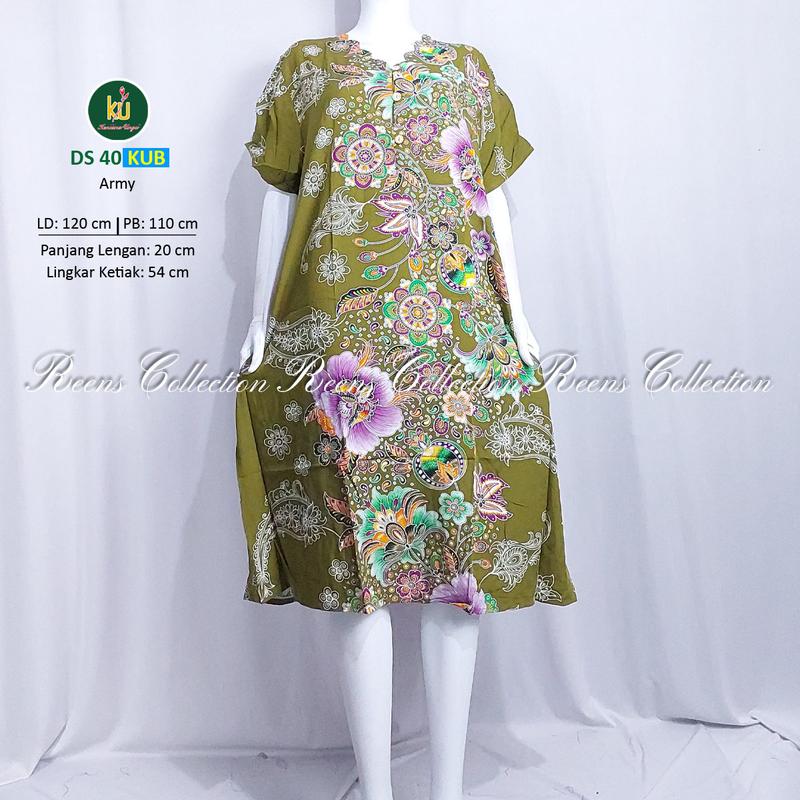 Kencana Ungu Daster 40 KUB Label Biru | Daster Tangan Pendek Di Bawah Lutut Leher Bergelombang 3 Kancing Depan Batik Busui 0