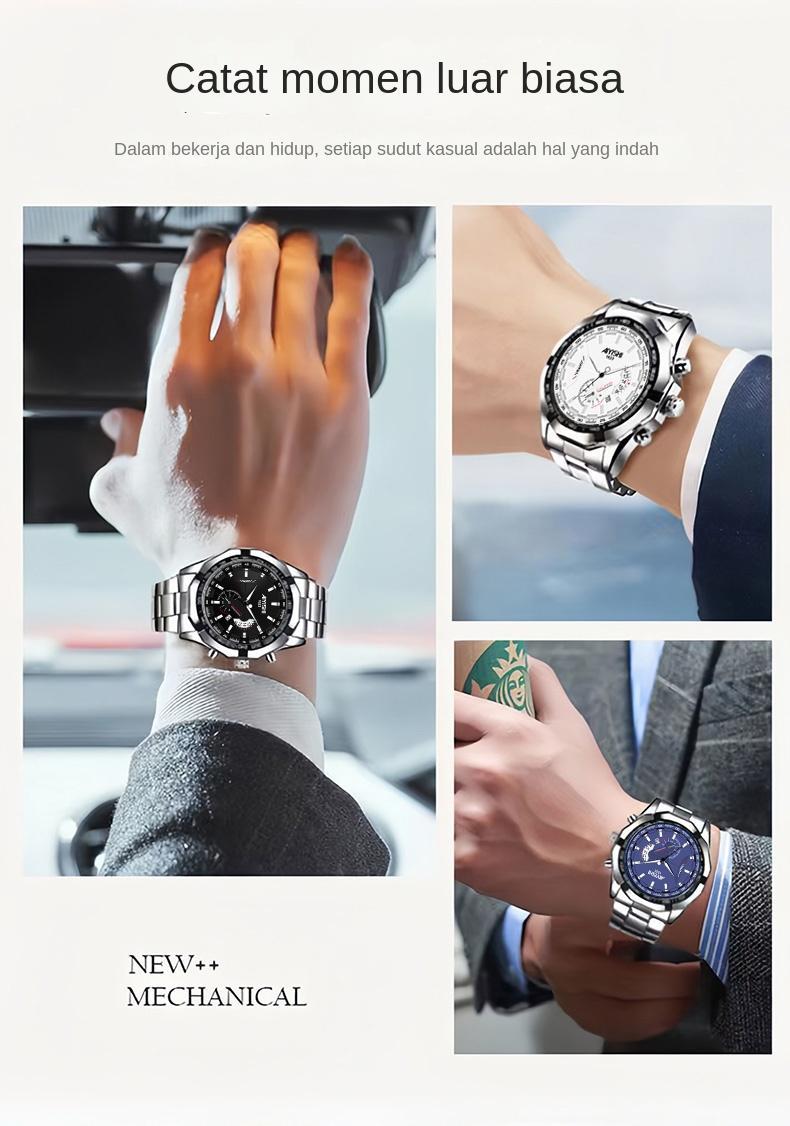 AIYISHI Jam Tangan Pria Mewah & Sporti 1623 Multifungsi Tahan Air 30M Dial Hitam Bodi Stainless Steel Garansi 2 Tahun Kaca Kristal Kuarsa Otomatis