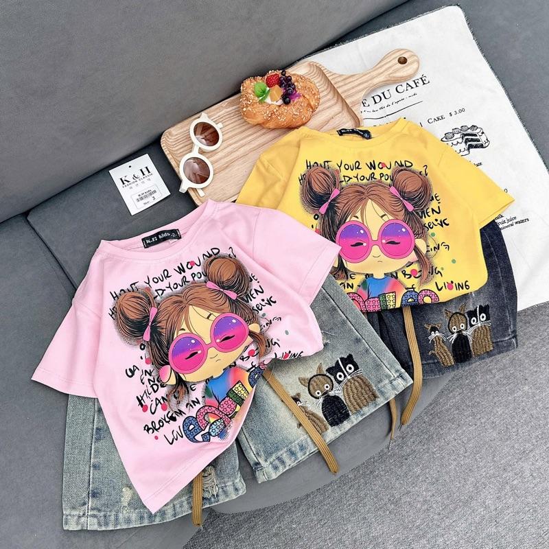 A88- Set áo thun in hình bé gái cute dễ thương, kèm quần jean thêu mèo dành cho bé gái ( 9-30kg)
