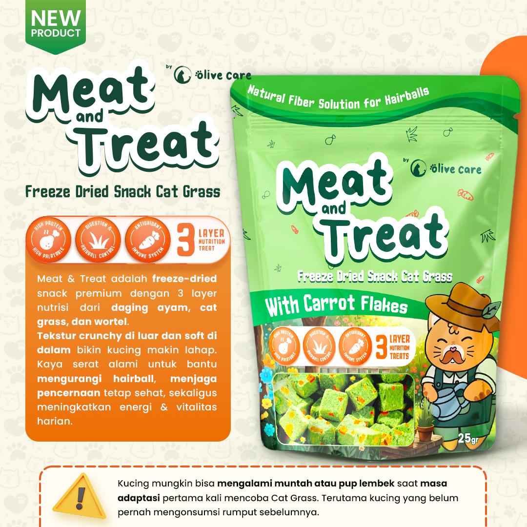 Olive Care MEAT & TREAT Freeze Dried Cat Grass Cube Snack Cemilan Kucing Tinggi Serat dan Protein atasi Hairball Bulu Rontok Penyebab Batuk, Tidak Nafsu Makan, Sembelit, Diare | Daging Ayam, Wheatgrass, & Carrot Flakes untuk Pencernaan dan Sistem Imun