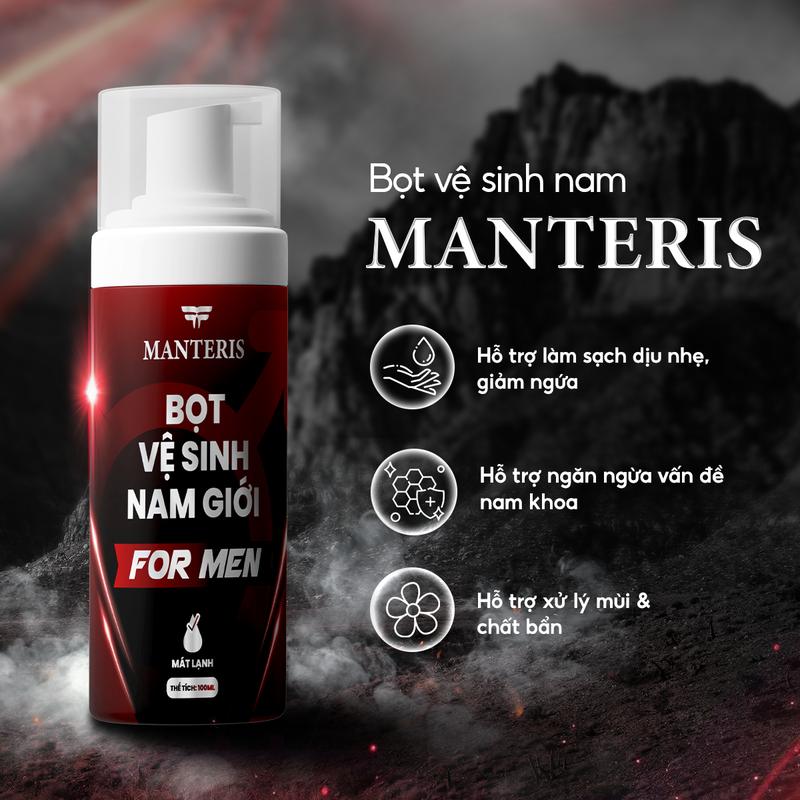 Bọt Vệ Sinh Nam MANTERIS, Dung Dịch Vệ Sinh Nam Giới Làm Sạch Dịu Nhẹ, Hỗ Trợ Chăm Sóc, Giảm Mùi, Kháng Khuẩn - Chai 100ml PQ02