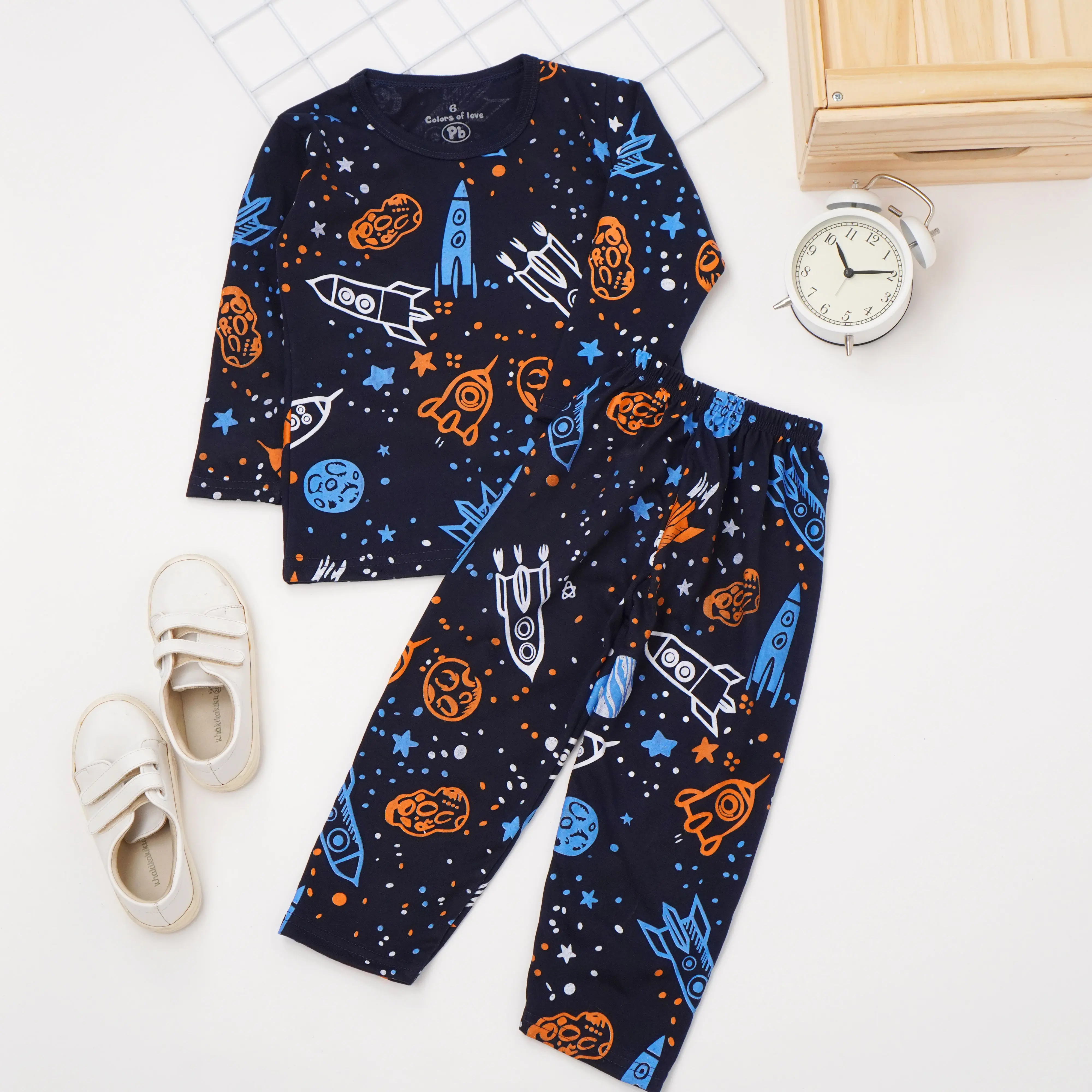 Peachbelo Piyama Anak Bahan Kaos Cotton Katun Motif Spaceship Cewek Cowok Nyaman Lembut Fashion
