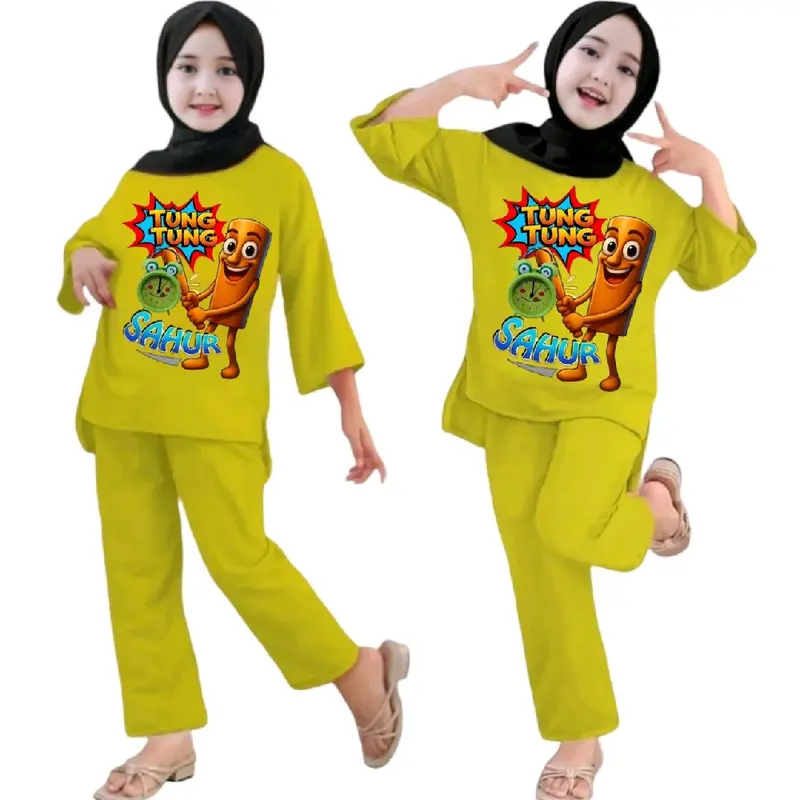 Stelan anak perempuan panjang stelan viral stelan anak sampai remaja motif viral animasi anomali tung-tung sahur  Usia 2-14 thn Denim Pink Ungu 4