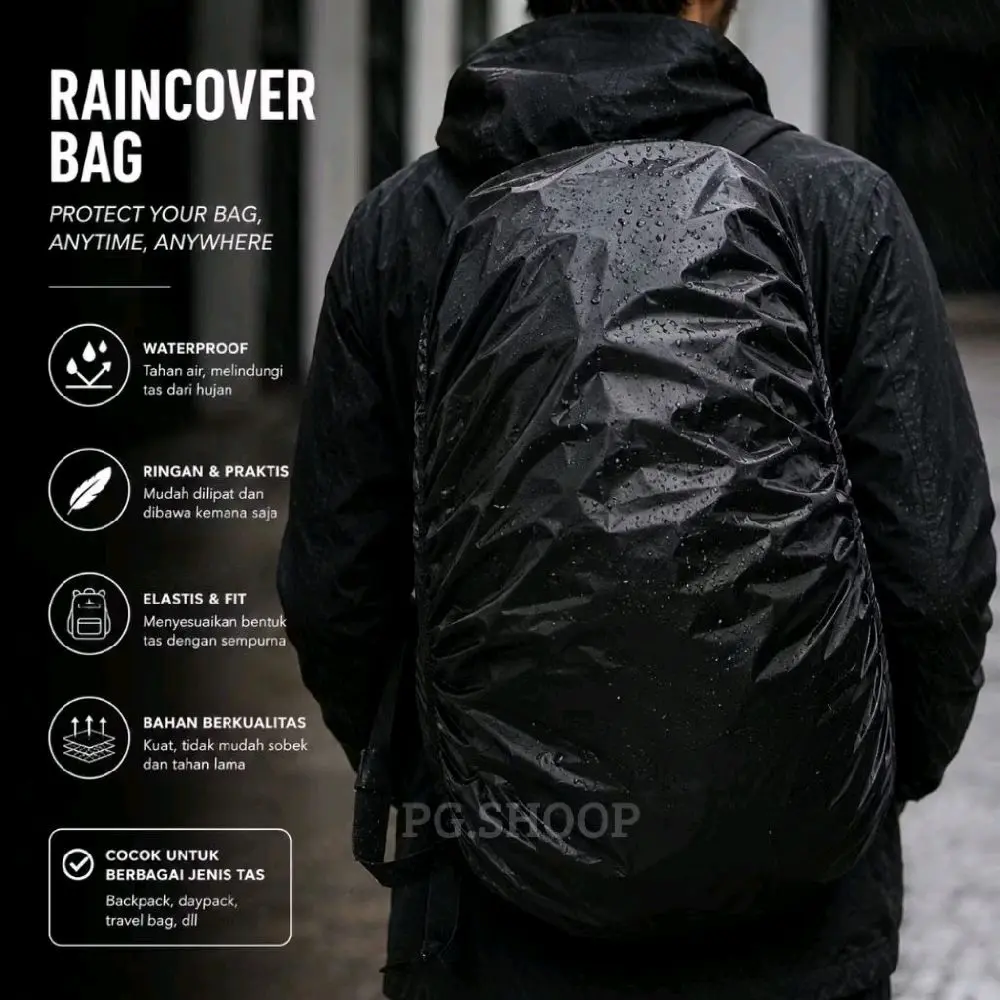 PG.SHOOP Cover Rain Bag Tahan Air Melindungi Tas dari Hujan Ringan Praktis Elastis Fit Bahan Berkualitas Cocok untuk Berbagai Jenis Tas