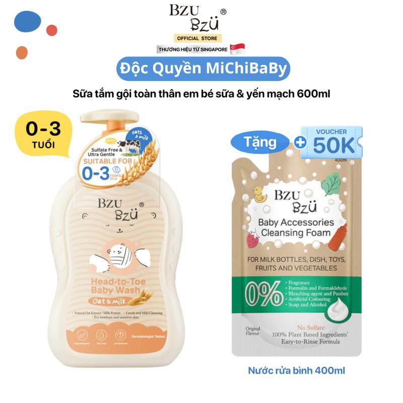 Sữa Tắm Gội Toàn Thân Em Bé Sữa & Yến Mạch BZU BZU Baby Head to Toe Wash Oat & Milk Làm Sạch Dịu Nhẹ 600ml Cho Bé