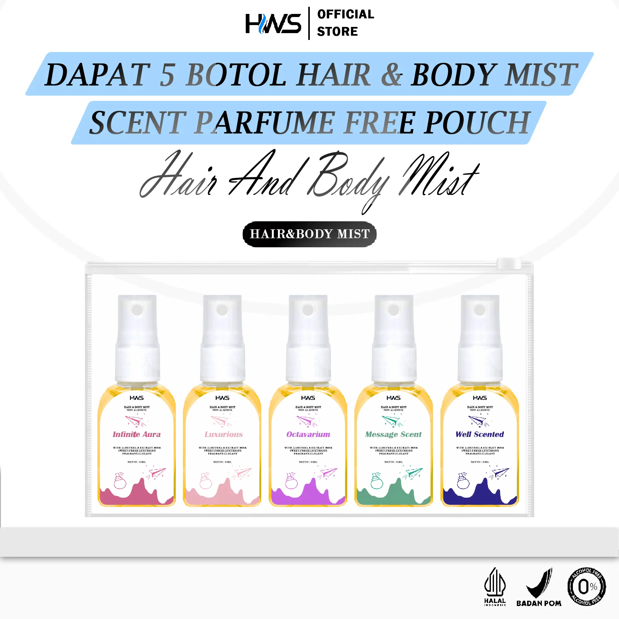 Perfume Terlaris Dapat 5 Botol Parfum Hair & Body Fragrance Mist Hws Parfum 30mL with Vitamin E and Aloe Vera Wangi