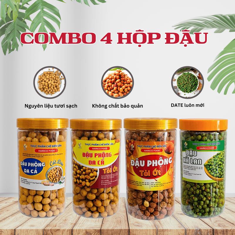 Combo 2Kg 4 Hộp Đậu mix 4 vị: 500g Đậu phộng da cá nước cốt dừa + 500g Đậu da cá tỏi ớt + 500g Đậu phộng tỏi ớt + 500g Đậu Hà Lan tỏi ớt giòn rụm béo ngậy thơm ngon - Snack Ăn vặt Nuts Food
