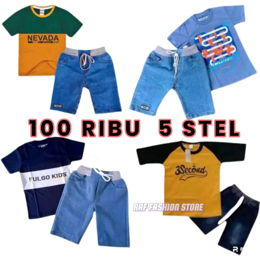 Paket Promo Dapat  10 pcs Celana Jeans+Kaos /5 Pasang Setelan Baju Anak Laki-Laki Cowok Distro Jins Pendek Usia 3-13 Tahun Terbaru Murah