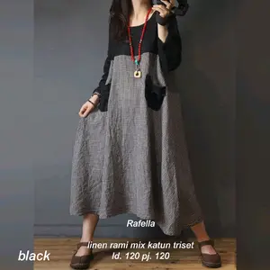 Rafella Midi Dress Hitam Linen Rammi Mix Katun Triset jumbo gaun wanita lengan panjang ld. 120 pj. 120 Casual Kombinasi