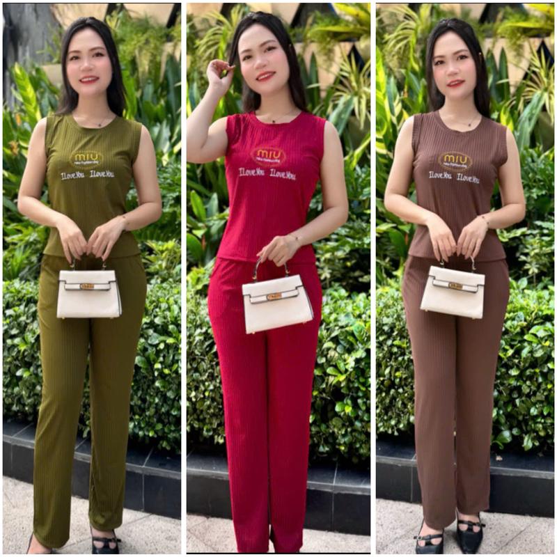  Đồ Bộ Nữ Áo Ba Lỗ Thêu Hình - Size 55kg Và 65kg - Quần Dài Ống Suông Chất Liệu Thun Gân Siêu Mềm Co Giãn Bốn Chiều Siêu Mịn Màng - M18 